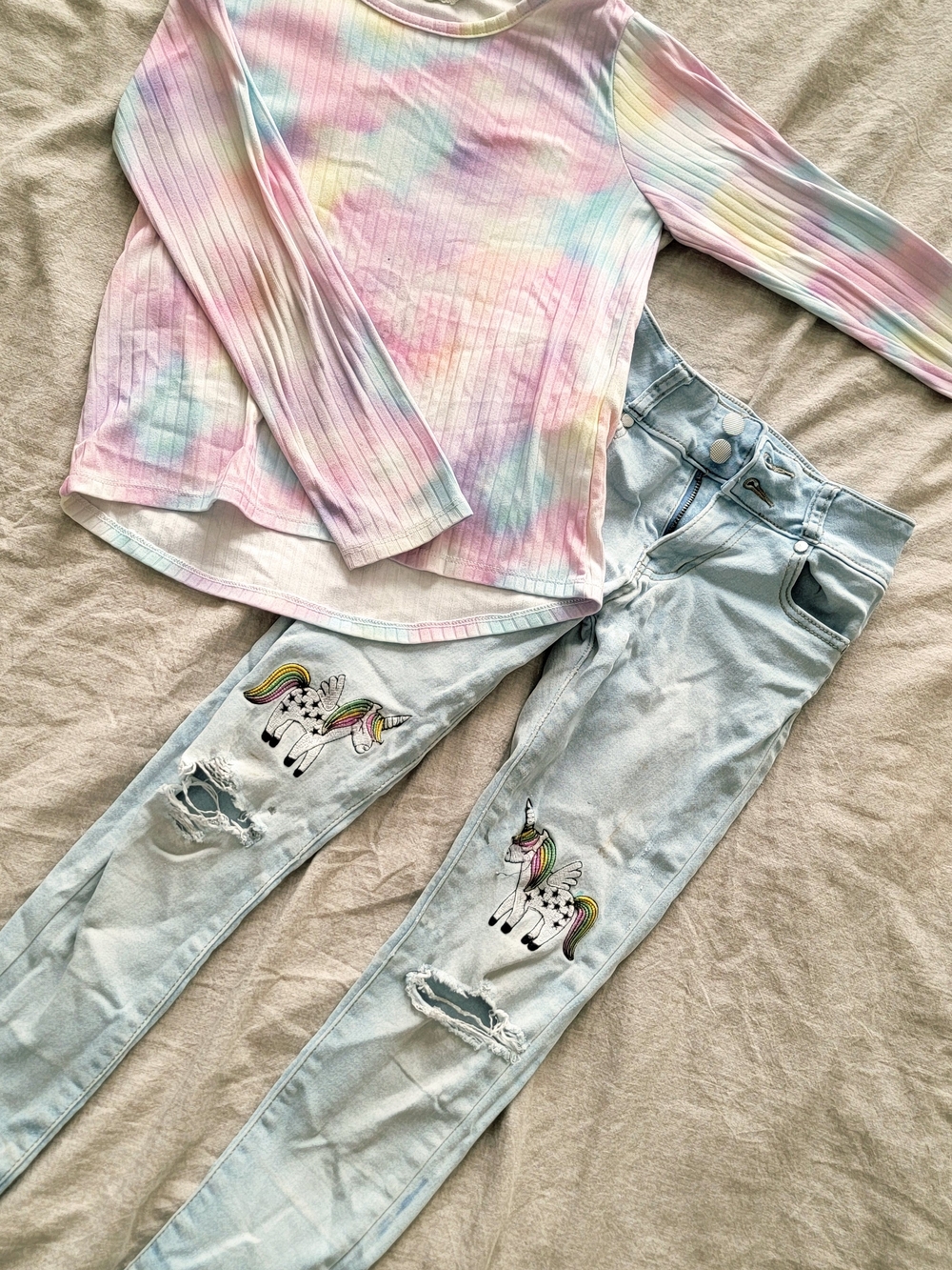 Kids Pastel Tie-Dye Long Sleeve Top with Light Wash Unicorn Jeans